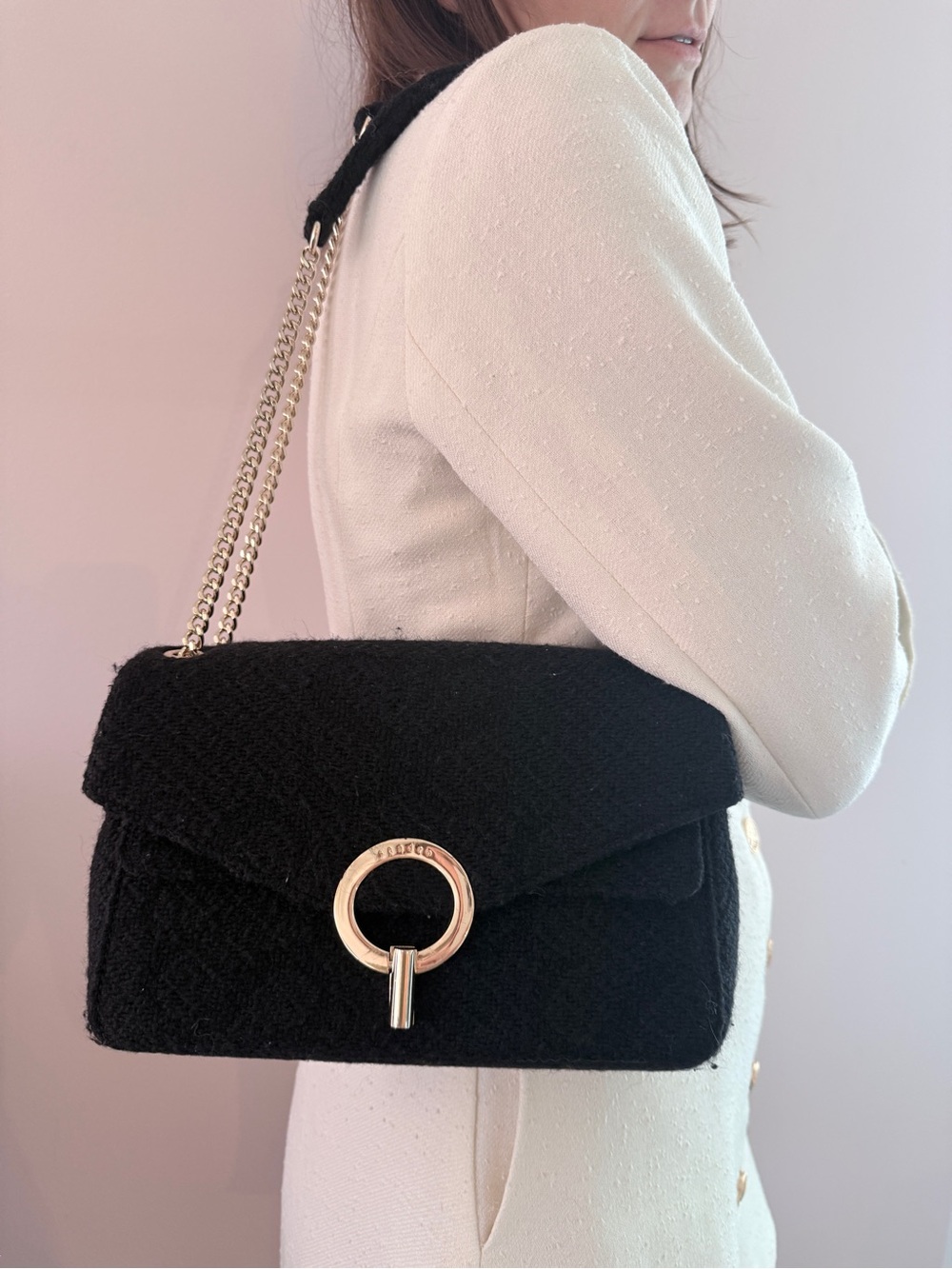 Sandro Black Tweed YZA Crossbody Bag with Light Gold Ring Hardware